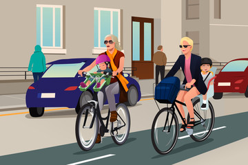 Fototapeta premium Women Biking with Their Kids
