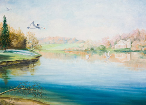 Oil painting on canvas. Quiet lake with swans