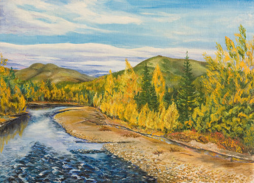 Oil painting on canvas. Autumn in the North