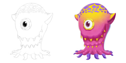 Coloring Book and Monster Creature Character Design Set 12: One Eye Octopus Monster isolated on White Background. Realistic Fantastic Cartoon Style Character Design, Story, Card, Sticker Design