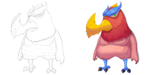 Coloring Book and Monster Creature Character Design Set 14: Viking Bird Monster isolated on White Background. Realistic Fantastic Cartoon Style Character Design, Story, Card, Sticker Design
