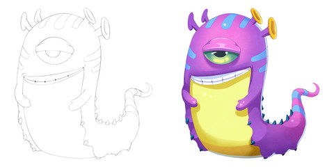 Coloring Book and Monster Creature Character Design Set 17: Evil Snail Snake Earthworm Monster isolated on White Background.Realistic Fantastic Cartoon Style Character Design Story Card Sticker Design