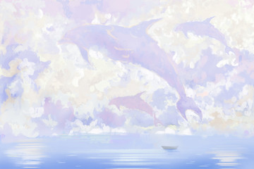 Watercolor Style Digital Artwork: Flying Whale And Small Boat. Realistic Fantastic Cartoon Style Character, Background, Wallpaper, Story, Card Design