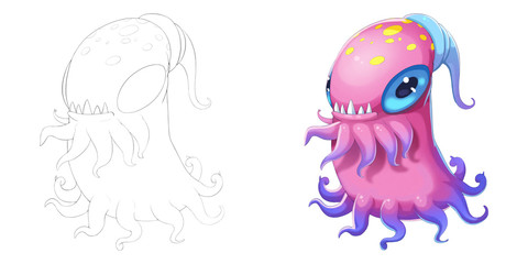 Coloring Book and Monster Creature Character Design Set 22: Snail Octopus Christmas Hat Monster isolated on White Background Realistic Fantastic Cartoon Style Character Story Card Sticker Design