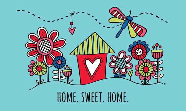 Home Sweet Home Hand Drawn Vector Illustration on Aqua Background