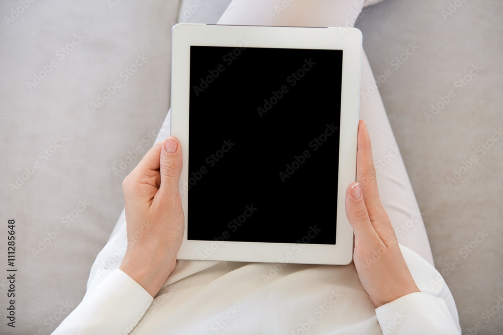 Poster close up of female hands holding electronic device with copy space screen for your advertsiment. stu