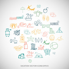 Multicolor doodles Hand Drawn Vacation Icons set on White. EPS10 vector illustration.