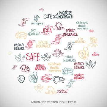 Multicolor doodles Hand Drawn Insurance Icons set on White. EPS10 vector illustration.