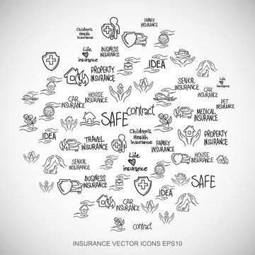 Black Doodles Hand Drawn Insurance Icons Set On White. EPS10 Vector Illustration.