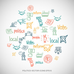 Obraz premium Multicolor doodles Hand Drawn Politics Icons set on White. EPS10 vector illustration.