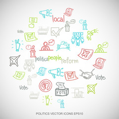 Multicolor doodles Hand Drawn Politics Icons set on White. EPS10 vector illustration.