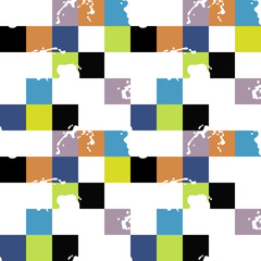 Colored squares. White spots and splashes, drops. Vector seamless pattern (background).