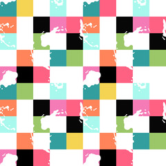 Colored squares. White spots and splashes, drops. Vector seamless pattern (background).