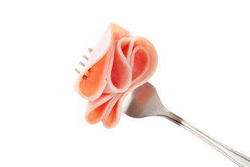 slice of ham on a fork