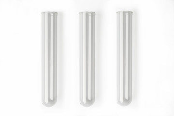 Three glass transparent test tube on white background