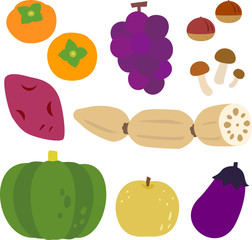 日本の秋の野菜・果物のイラストセット