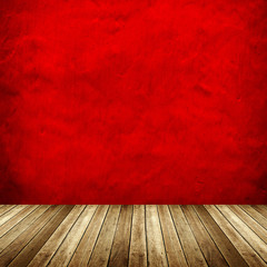 red wall with wood plank design