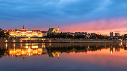 View of the old city in Warsaw at sunset