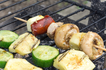 Meat and vegetables on the hot grill
