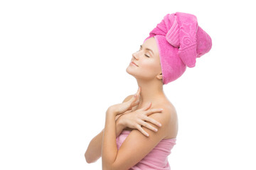 Beautiful girl in pink towel