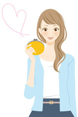 お財布を持った笑顔の女性　ハート