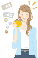 ガマ口財布を持つ女性　笑顔