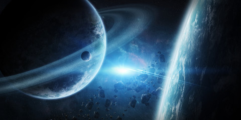 Naklejka premium Sunrise over group of planets in space