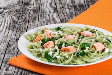 Salmon and Spinach Fettuccine pasta on white dishes