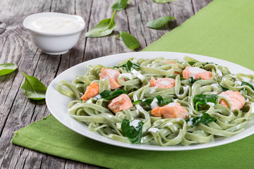 Salmon and Spinach Fettuccine pasta on white dish