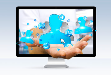 Businessman using digital social network interface