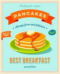 Best breakfast - vintage restaurant sign. Retro styled poster with pile of best in town pancakes with butter and maple syrup. Vector illustration, eps10.