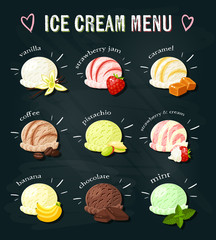 Set of cartoon food on chalkboard: ice cream with different flavours - vanilla, strawberry, caramel, coffee, banana, pistachio, chocolate and mint. Vector illustration.