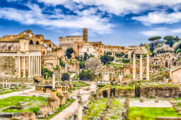 Scenic view over the Roman Forum, Italy. Tilt-shift effect applied
