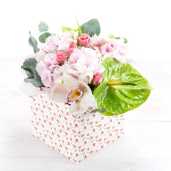 beautiful box delicate exotic flower (hydrangea, anthurium, shru