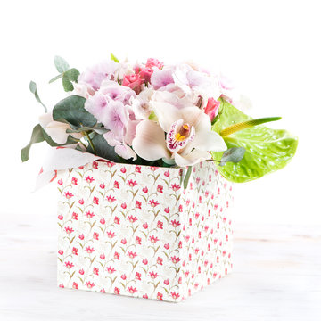 beautiful box delicate exotic flower (hydrangea, anthurium, shru