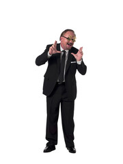 Fototapeta premium mature businessman with dollar sunglasses gesturing.