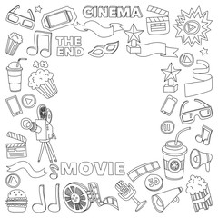 Cinema icons set. Cinema pattern. Cinema icons. Cinema background. Cinema set vector. Cinema set eps. Cinema texture. Cinema set. Filmmaking and movie hand drawn images.