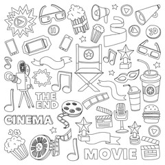 Cinema icons set. Cinema pattern. Cinema icons. Cinema background. Cinema set vector. Cinema set eps. Cinema texture. Cinema set. Filmmaking and movie hand drawn images.