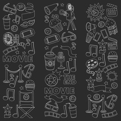 Cinema icons set. Cinema pattern. Cinema icons. Cinema background. Cinema set vector. Cinema set eps. Cinema texture. Cinema set. Filmmaking and movie hand drawn images.
