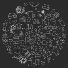 Cinema icons set. Cinema pattern. Cinema icons. Cinema background. Cinema set vector. Cinema set eps. Cinema texture. Cinema set. Filmmaking and movie hand drawn images.