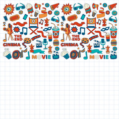 Cinema icons set. Cinema pattern. Cinema icons. Cinema background. Cinema set vector. Cinema set eps. Cinema texture. Cinema set. Filmmaking and movie hand drawn images.