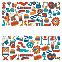 Cinema icons set. Cinema pattern. Cinema icons. Cinema background. Cinema set vector. Cinema set eps. Cinema texture. Cinema set. Filmmaking and movie hand drawn images.
