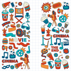 Cinema icons set. Cinema pattern. Cinema icons. Cinema background. Cinema set vector. Cinema set eps. Cinema texture. Cinema set. Filmmaking and movie hand drawn images.