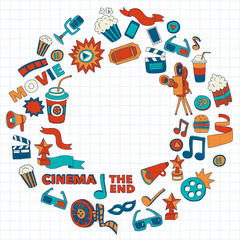 Cinema icons set. Cinema pattern. Cinema icons. Cinema background. Cinema set vector. Cinema set eps. Cinema texture. Cinema set. Filmmaking and movie hand drawn images.