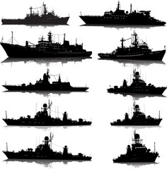Vector set of 10 silhouettes of the military ship