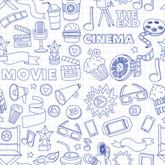 Cinema icons set. Cinema pattern. Cinema icons. Cinema background. Cinema set vector. Cinema set eps. Cinema texture. Cinema set. Filmmaking and movie hand drawn images.