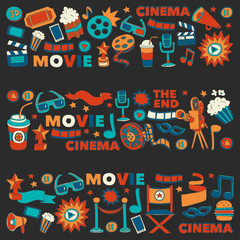 Plakat Cinema icons set. Cinema pattern. Cinema icons. Cinema background. Cinema set vector. Cinema set eps. Cinema texture. Cinema set. Filmmaking and movie hand drawn images.