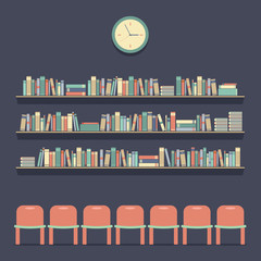 Flat Design Reading Seats and Bookshelves Vector Illustration.
