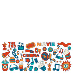Cinema icons set. Cinema pattern. Cinema icons. Cinema background. Cinema set vector. Cinema set eps. Cinema texture. Cinema set. Filmmaking and movie hand drawn images.