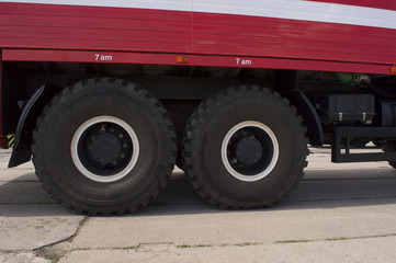 Detail of firefighting vehicle vith massive wheels